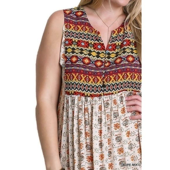 Taupe Mixed Sleeveless Printed Peasant Dress - Picture 4 of 4
